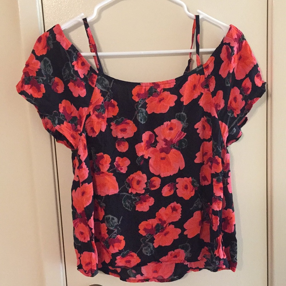 Black Billabong Shirt with Red and Pink Flowers S